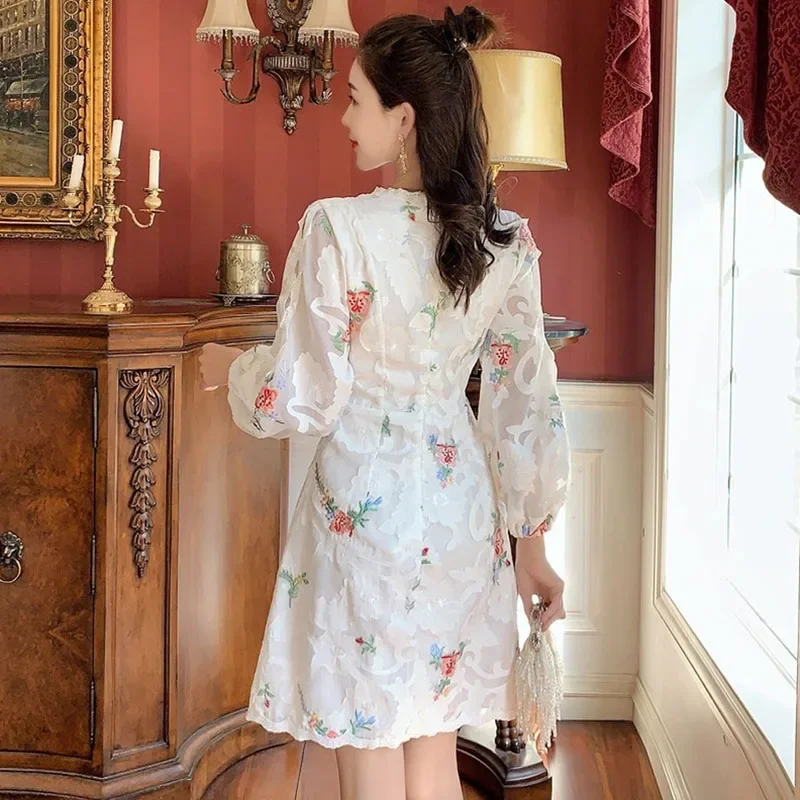 New Fashion 2024 Women Voile Summer Dress V-neck Lantern Sleeve Floral Embroidery White Dress Lace Hollow Out Elegant Mini Dress