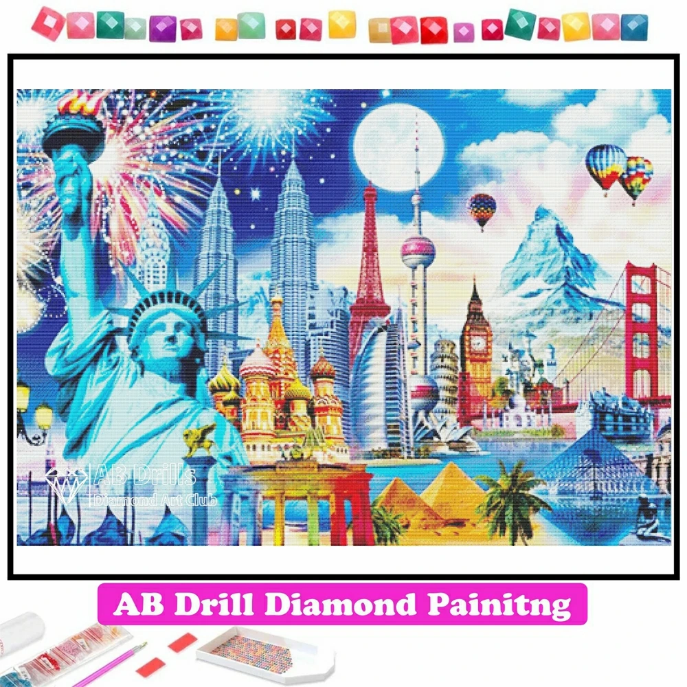 Wonders of the World 5D DIY AB Diamond Painting Mosaic City Landscape Cross Stitch Pictures Embroidery Rhinestones Home Decor