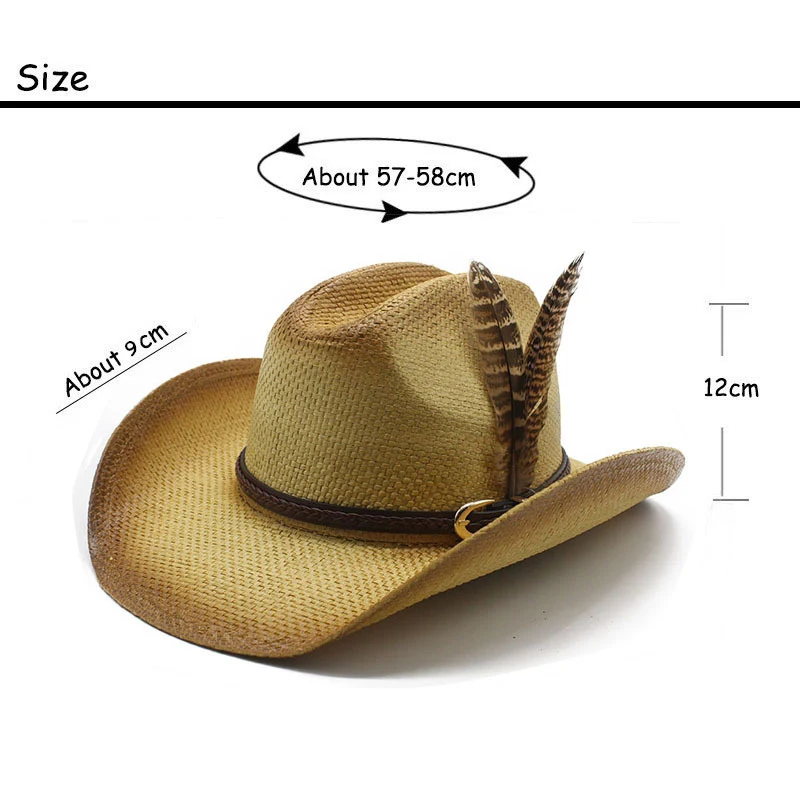 Men's Western Cowboy Hat with Straw Material and Feather Decoration Breathable and Sun Protection Seasonal Accessory 57-58cm