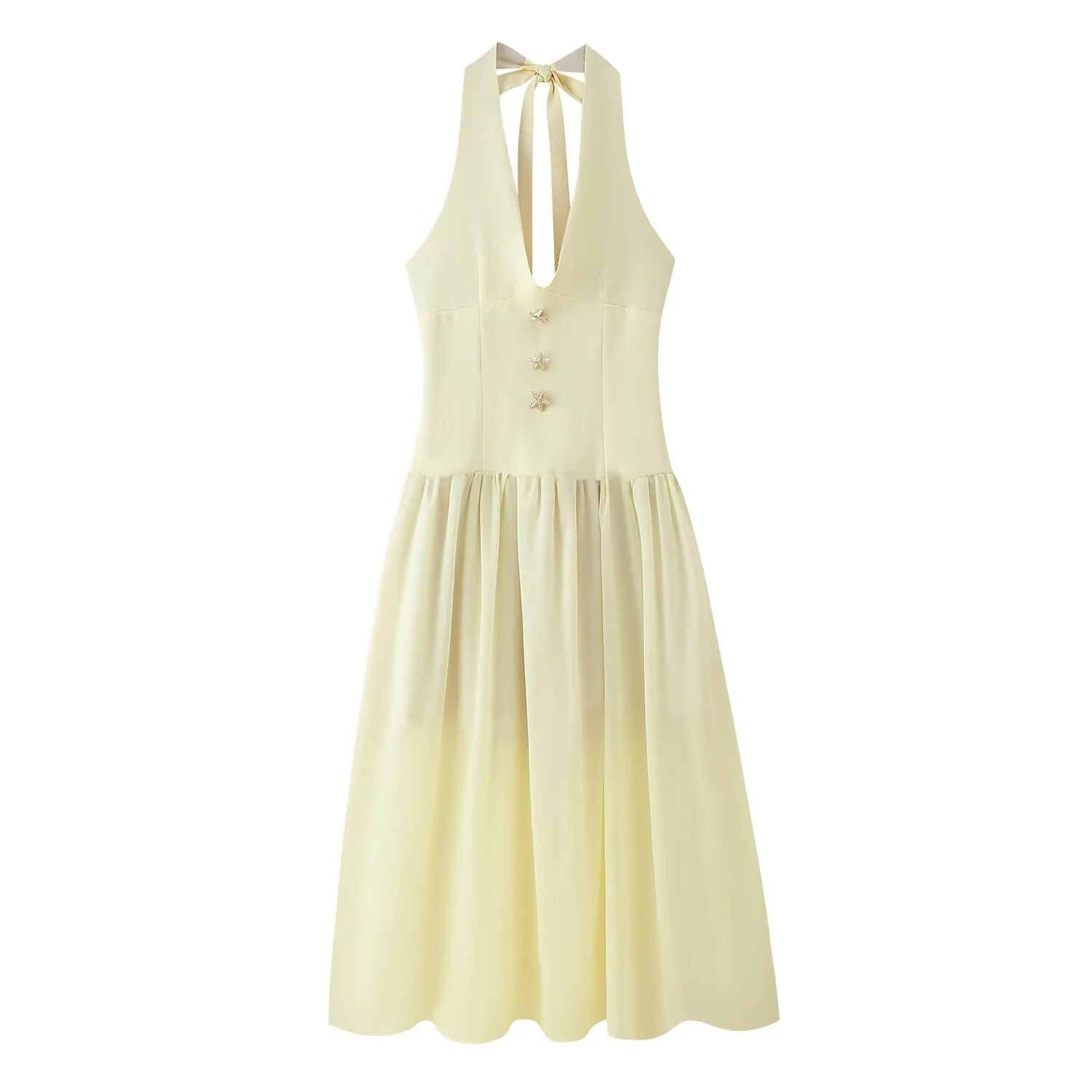 Sommer Damen Vaion Sle Loose Starfi Decorated V-ne Svel High Waist Long Dr Polyester Fiber X-aped Casual