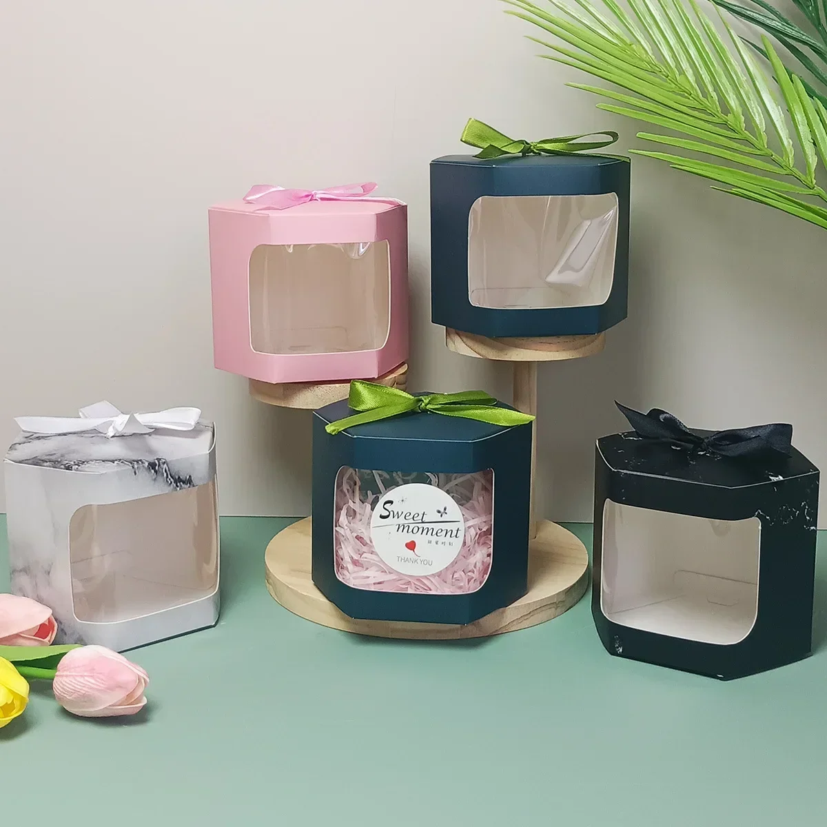 10pcs Hexagon Cake Box Packaging Paper Bags Candy Boxes Birthday Gift Box with Clear PVC Window Presents Flowers Sweets Packge