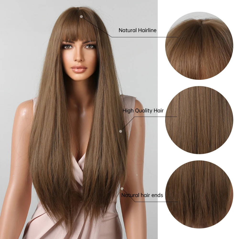 HENRY MARGU Long Synthetic Cold Brown Wigs with Bangs Light Coffee Straight Hair Wig Natural Daily Cosplay Heat Resistant Fiber