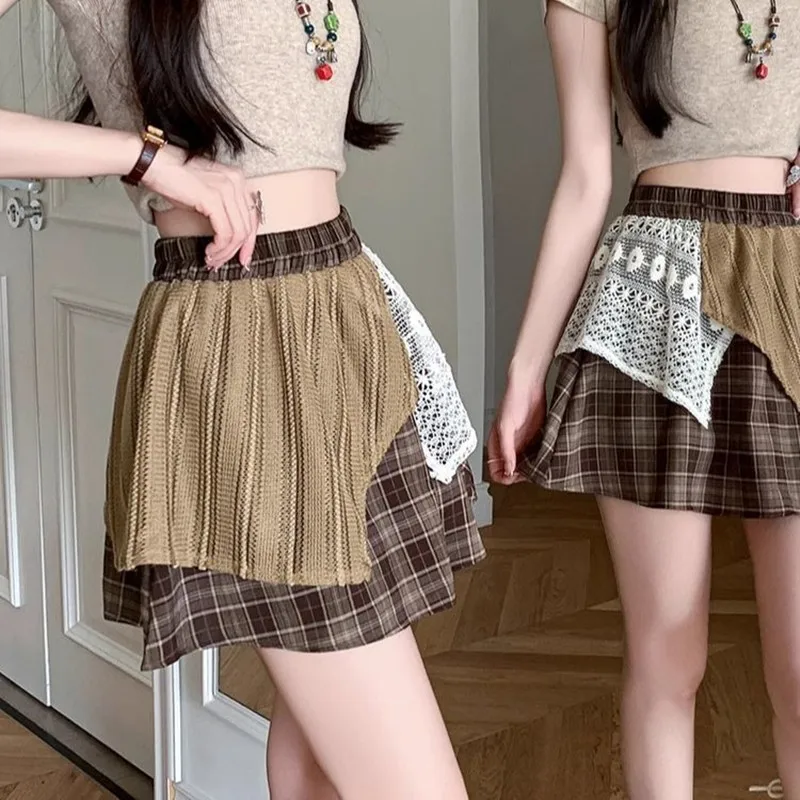 Korean Style Lace Plaid Patchwork Skirt 2026 New Summer Women Vintage Brown Cloth Skirt Student Fashion Design-led Casual Skirt