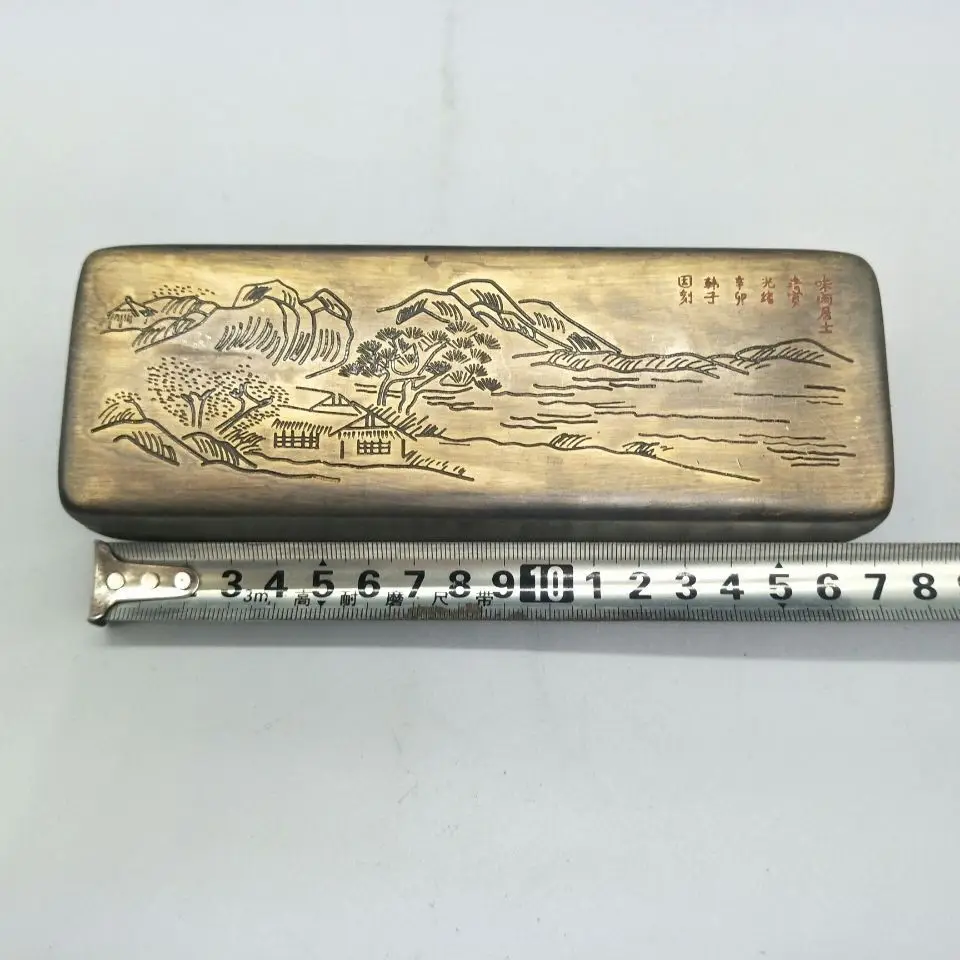 Vintage Bronze Ink Box Old Collection Calligraphy Inkstone Brass Scholar Writing Set