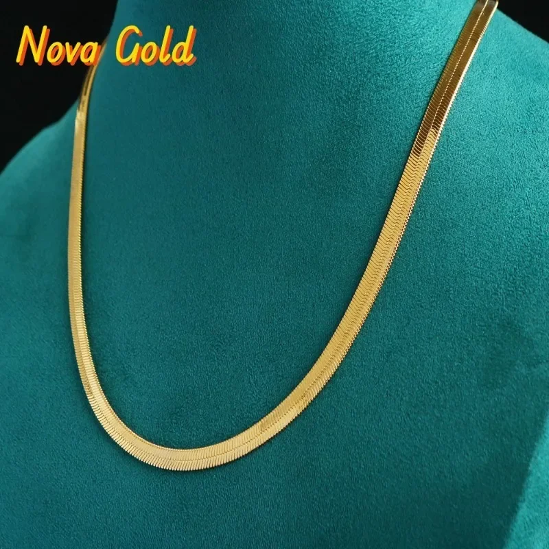 NovaGlod Luxury 24K 9999 Pure Gold real gold Women's Minimalist Fishbone Chain Necklace 45cm 50CM Flat Snake Bone Chain