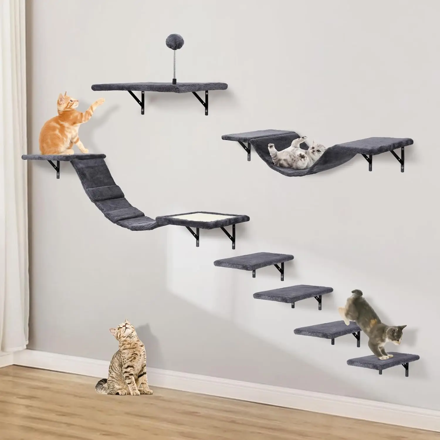 

Wall Mounted Cat Climber Set 7 Pcs Wood Shelves Perch Bridge Hammock Scratching Board Indoor Cat Furniture Dark Grey