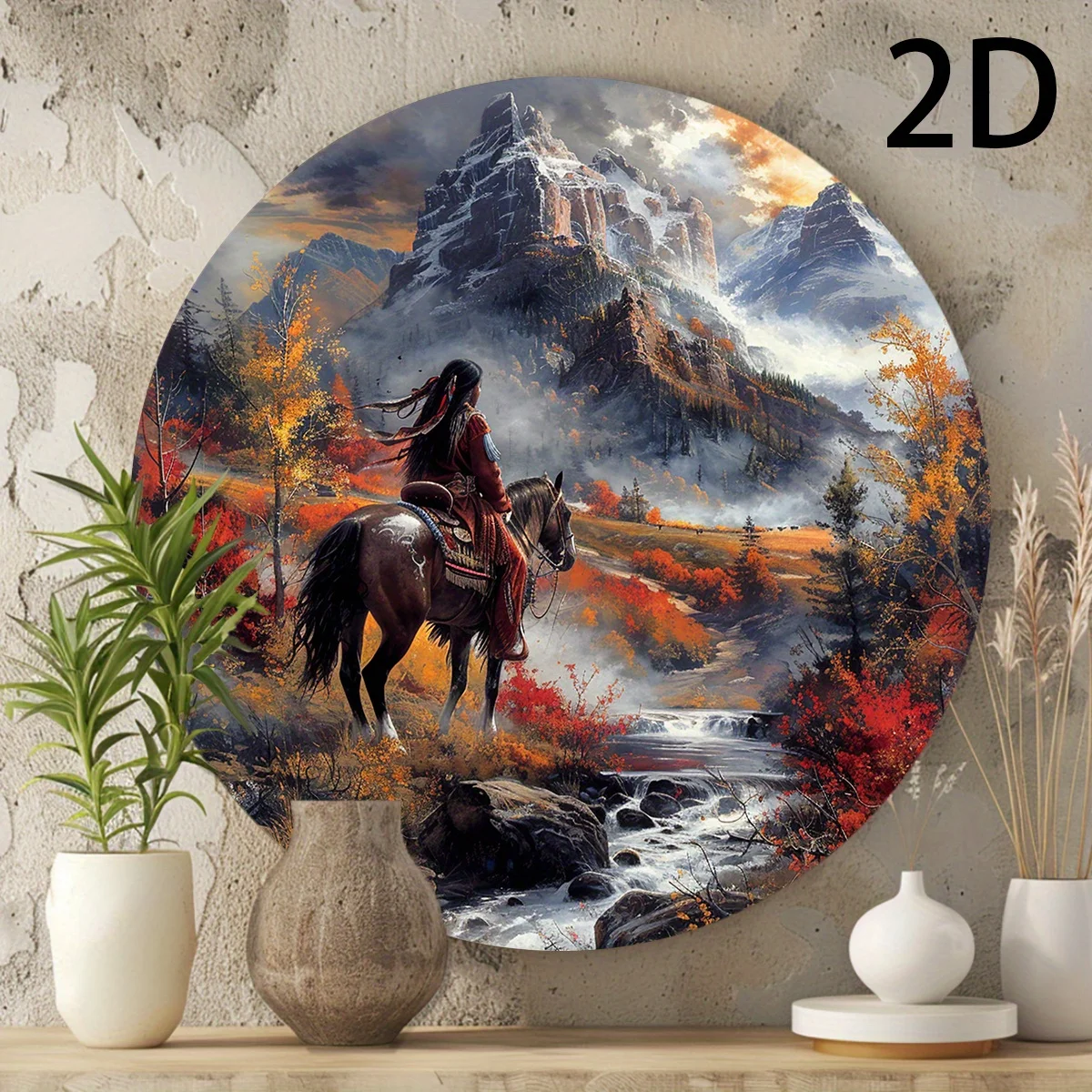 Vintage Indian Woman on Horseback Round Aluminum Sign - 20.32x20.32 cm, Pre-Drilled, Wall Decor for Home, Kitchen, Living Room,