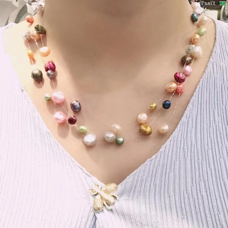 Natural Fresh Water Pearl Necklace 3layers Simple Style For Women Girl Fashion Jewelry multi Colors Free Shipping Baroque style