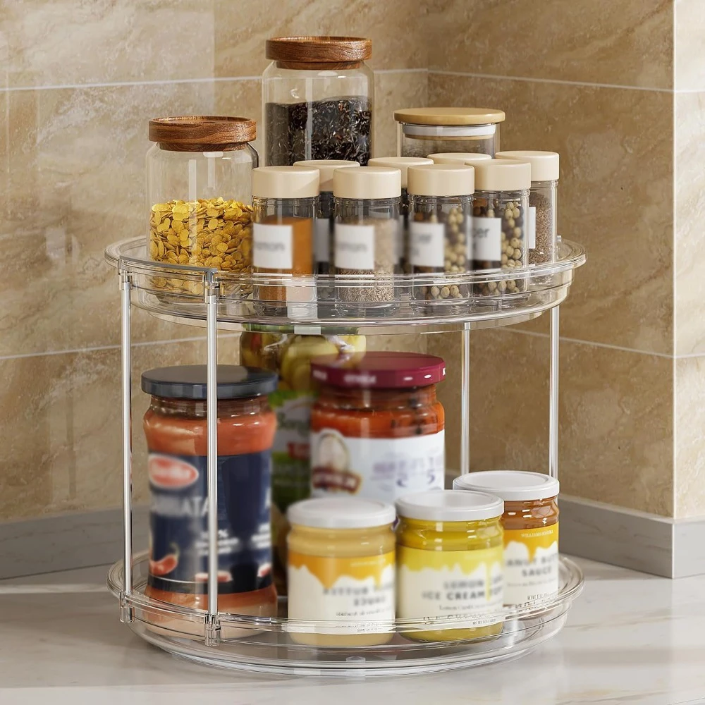 1set 2 Tier Lazy Susan Turntable Organizer 9.25\'\' Rotating Spice Rack Organization for Cabinet, Kitchen, Pantry, Countertop