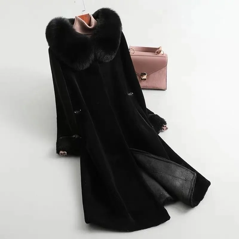 2023 Winter New Women Cashmere Coat Large Size Long Solid Color Thickened Warm Parkas Female Fashion Fox Fur Hooded Fur Outwear