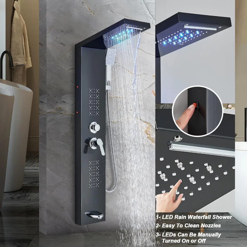 Black  Panel with LED Rainfall Waterfall Shower Head Contemporary Shower Faucet Full Body Shower System