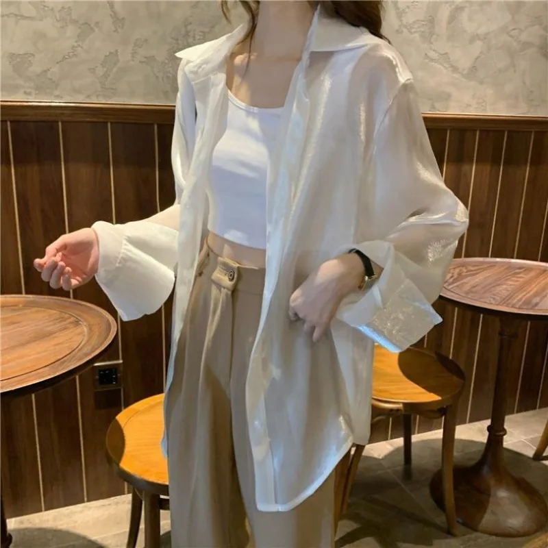 QWEEK  Satin Oversized Long Sleeve Shirt Woman Basic Office Ladies Blouses Korean Fashion Summer Transparent  Aesthetic 2024