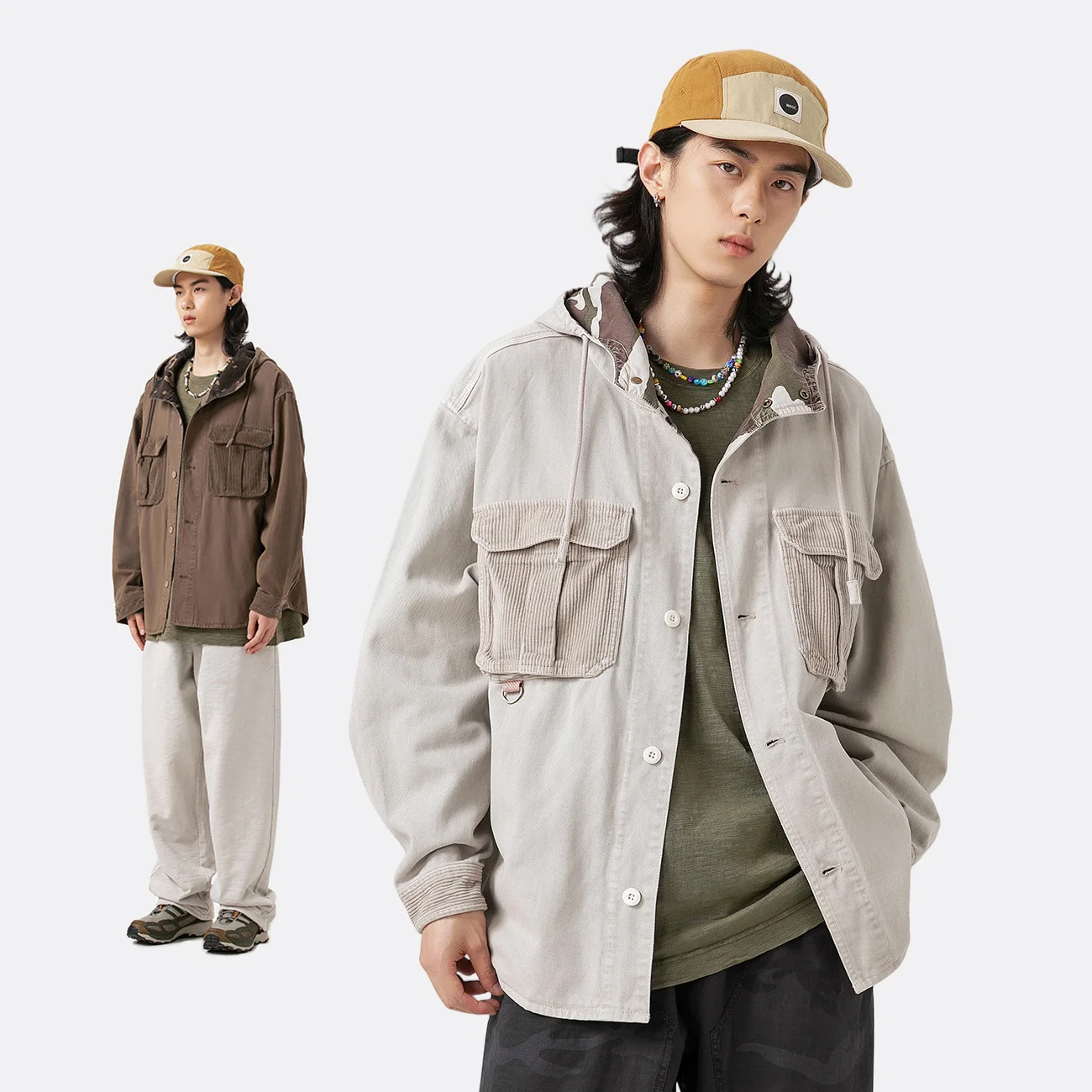 Women Spring Autumn Corduroy Pocket Oversize Shirt Style Hooded Cargo Jacket Men Streetwear Loose Casual Pure Cotton Coat