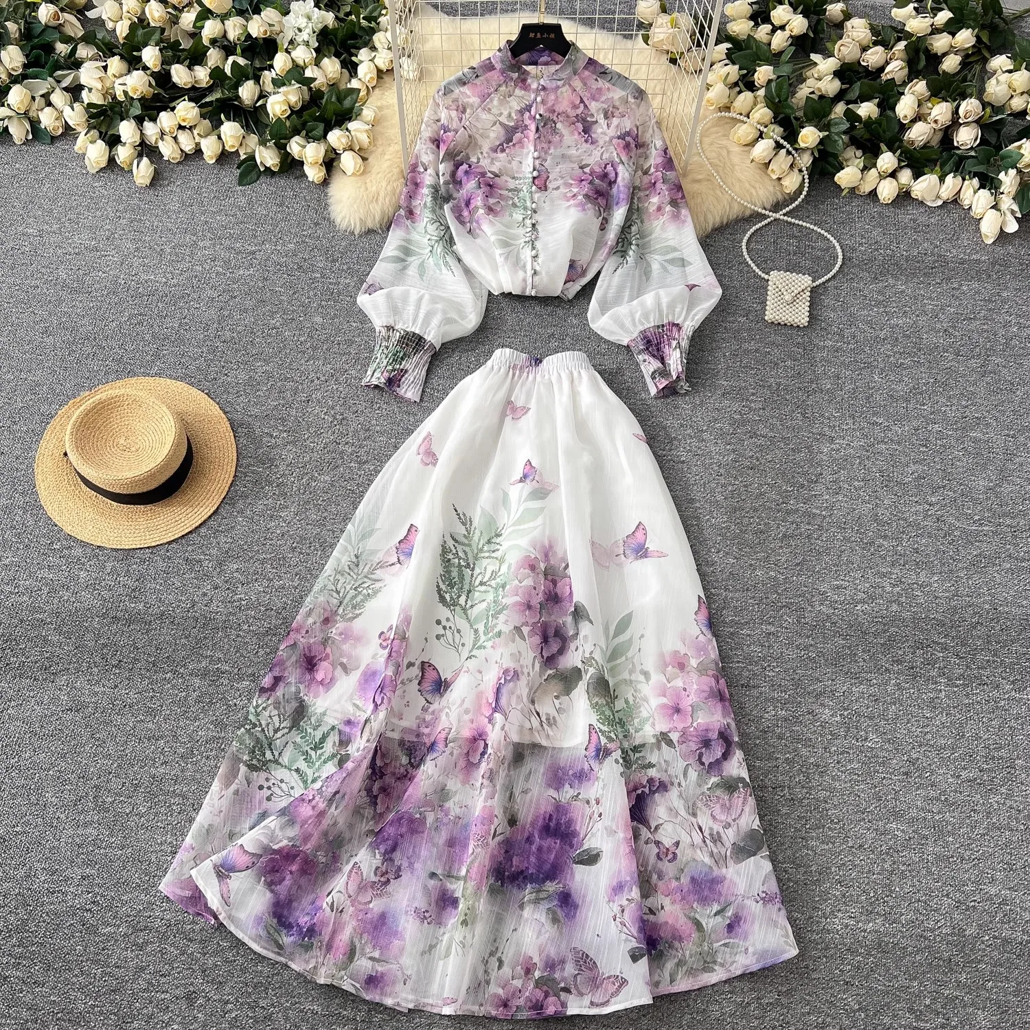 New Fashion Runway Holiday Skirt 2 Pieces Set Women's Purple Flower Print Single Breasted Chiffon Blouse And Long Skirt Suit