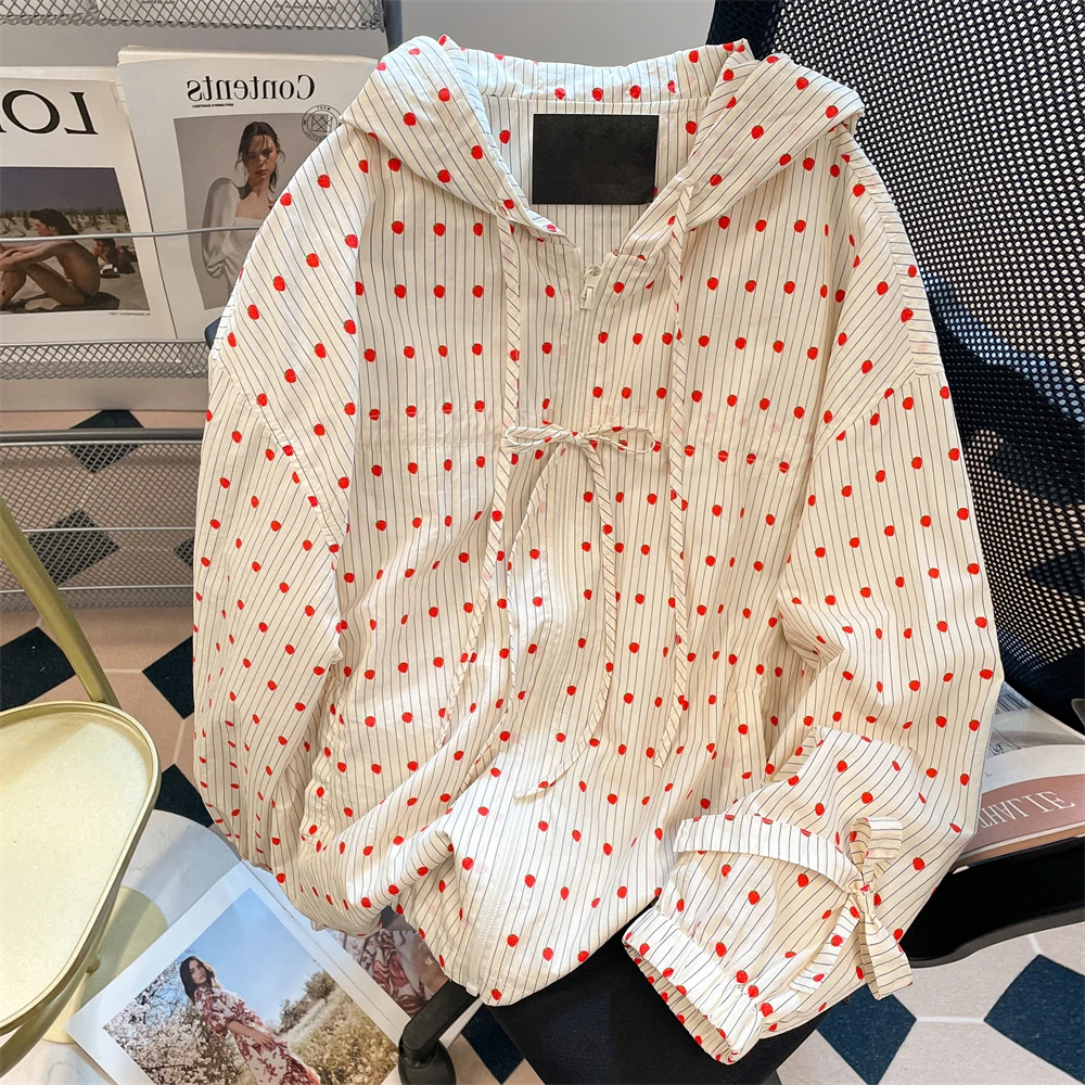 

Ploka Dot Stripe Hooded Shirts Women Autumn Winter New Korean Style Sweet Lace-up Bow Loose Tops Lazy Style Zipper Casual Coat