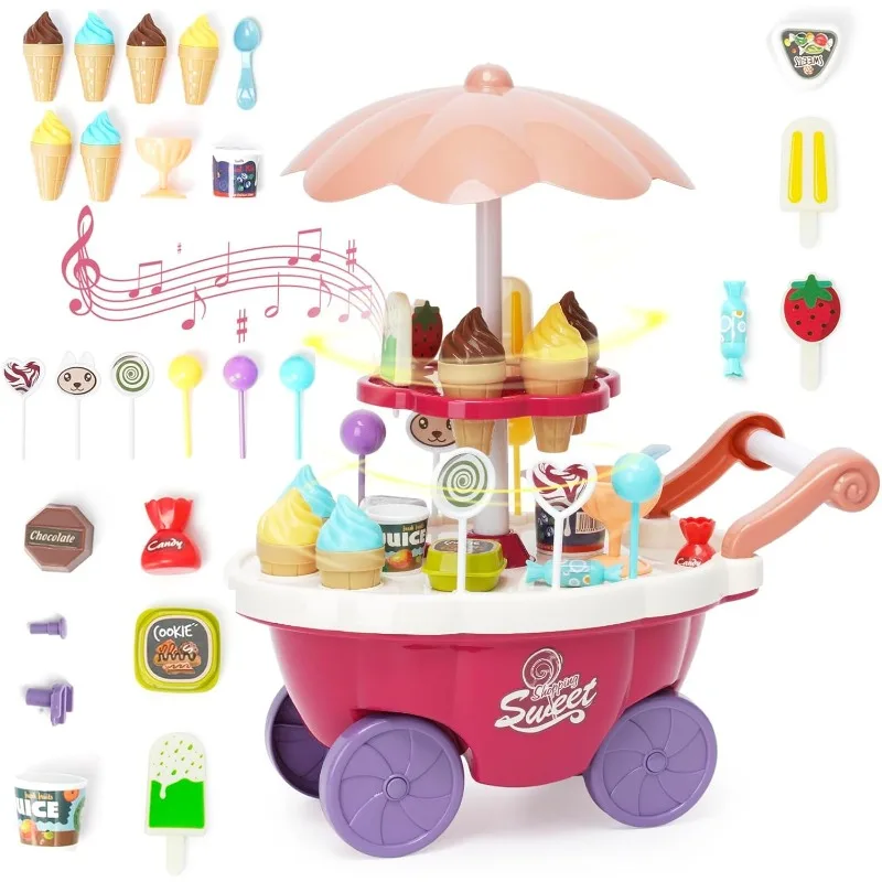 

Ice Cream Toys Candy Cart Kids Play House Toys with Ice Cream Lollipop Music Rotatable Pretend Play Gift for Toddler Boys Girls