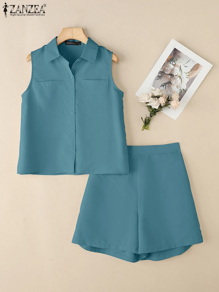 

ZANZEA 2025 Summer Solid 2pcs Outfits Elastic Waist Shorts Commute Lapel Sleeveless Shirts Woman 2 Piece Sets Casual Short Sets