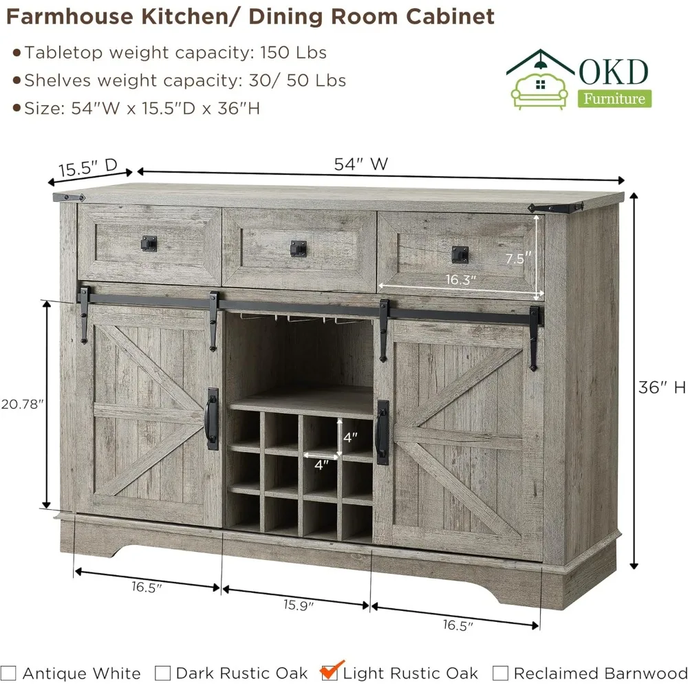 OKD-Farmhouse Buffet Cabinet com Armazenamento, Cozinha Wine Bar Cabinet, Wine and Glass Rack, porta de celeiro deslizante, 3 gavetas, 54"