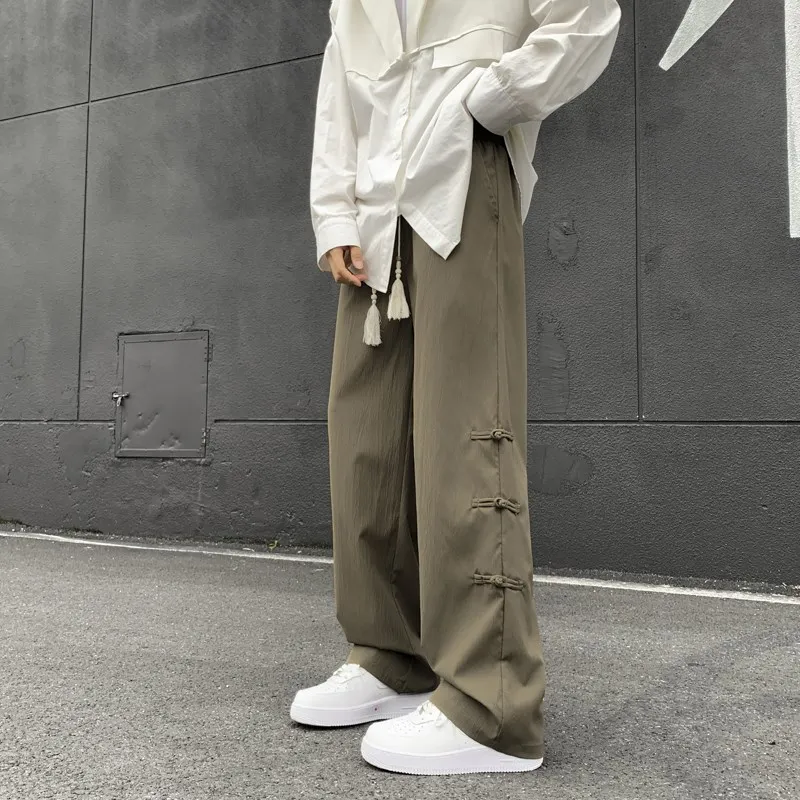 

New Chinese Sle Loose Fit Straight Leg Pants for Men Summer Season Drapey Fabric Belt Bule Design Casual Leisure Wear