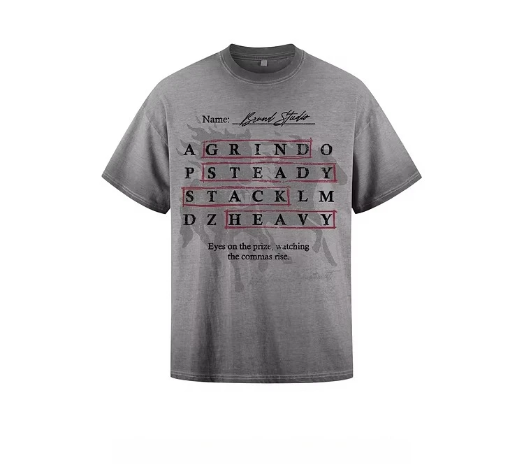 2026 Summer New Men's American Street Hip Hop Style Letter Print Purple Gray Green Tie Dye Loose Casual Round Neck T-Shirt