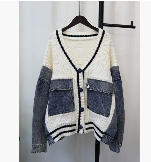 

Джинсовый вязаный кардиган 202, осень и зима, новый свободный повседневный универсальный ленивый свитер, куртка