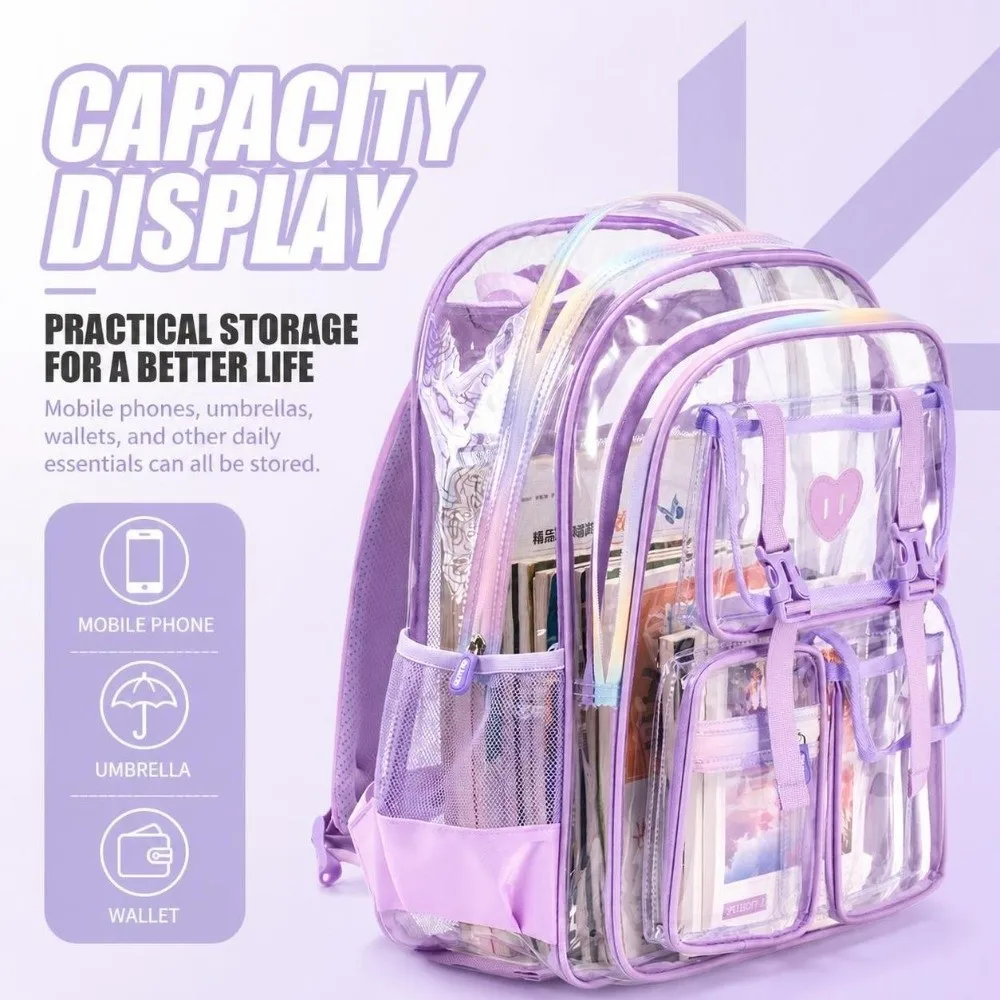 Multi Pocket Clear Backpack Zippered Large Capacity Transparent Bookbag Waterproof Smooth PVC School Bag School,Travel,Gym