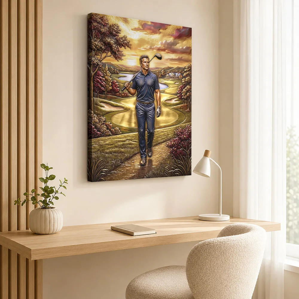 Golfer walking on a course at sunset Canvas Poster Personalized Photo Travel Landscape Wall Paintings Decoration for Bedroom