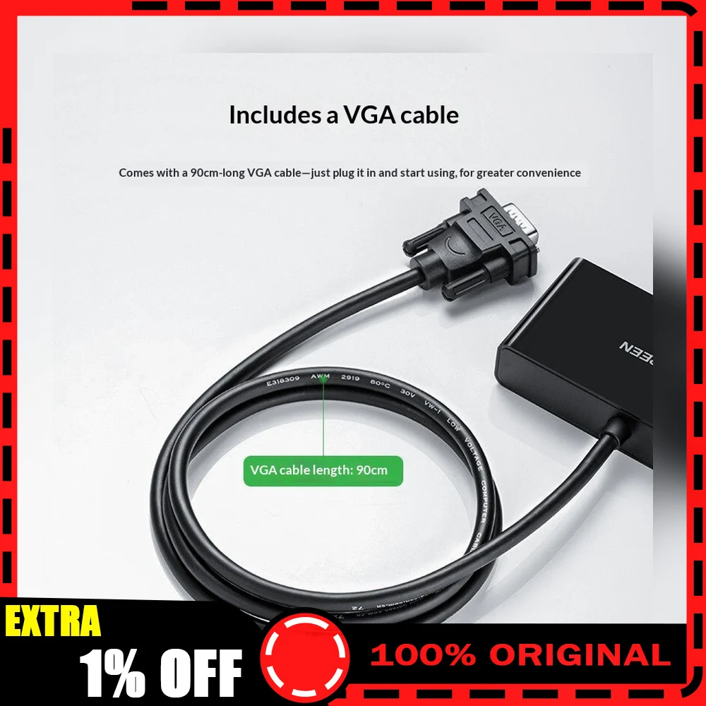 UGREEN 40254 VGA Splitter 1 In 2 Out 1080P 60Hz Video Distribution Adapter with Cable for Dual Monitor Display
