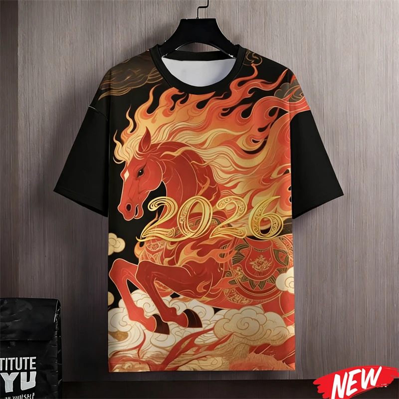 

Fashion New Year T-shirt Funny 3D Horse Pattern Men's T Shirt Casual O-neck Loose Short Sleeve Top Hip Hop Trend Unisex Clothing