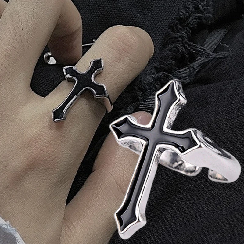 Harajuku Vintage Black Hip Hop Punk Cross Open Ring for Women Party Jewelry Men Trendy Gothic Metal Color Finger Ring Wholesale