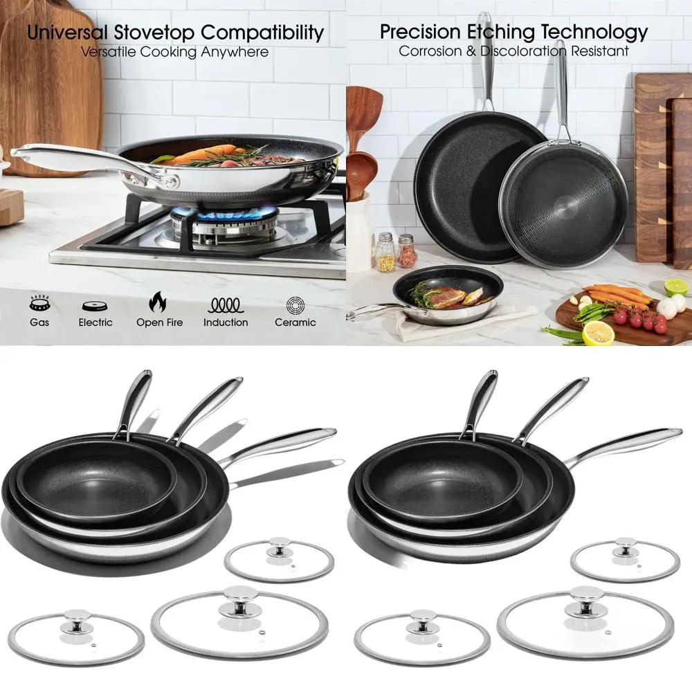 

Titanium Ceramic Nonstick Pan Set: 8, 10, 12 with Lid, Cool Handle, Safe for Dishwasher & Oven, All Cooktops Compatible