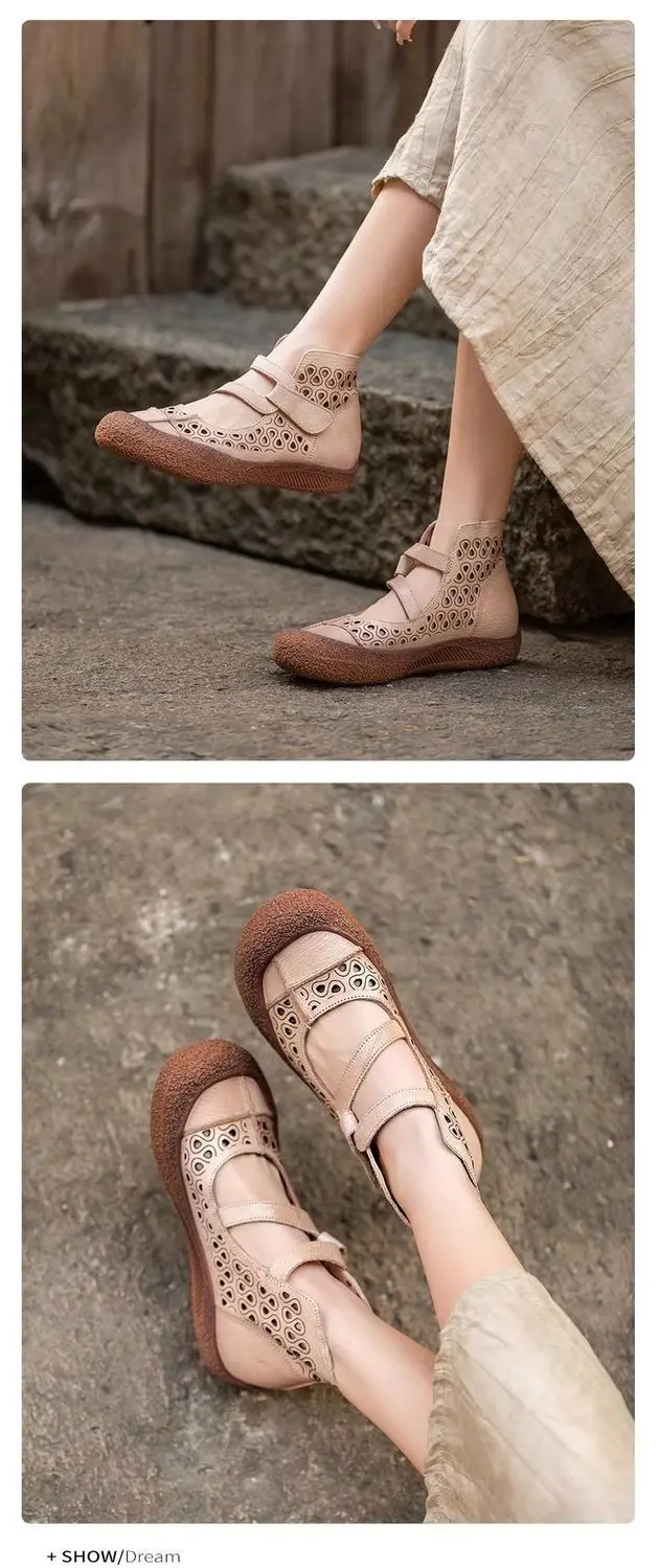 Sommerliche, atmungsaktive Stiefeletten aus echtem Leder, Sandalen für Damen, hohl geschnittene Schnürstiefeletten, handgefertigte flache Freizeitstiefel-Sandalen für Damen – Detail 6