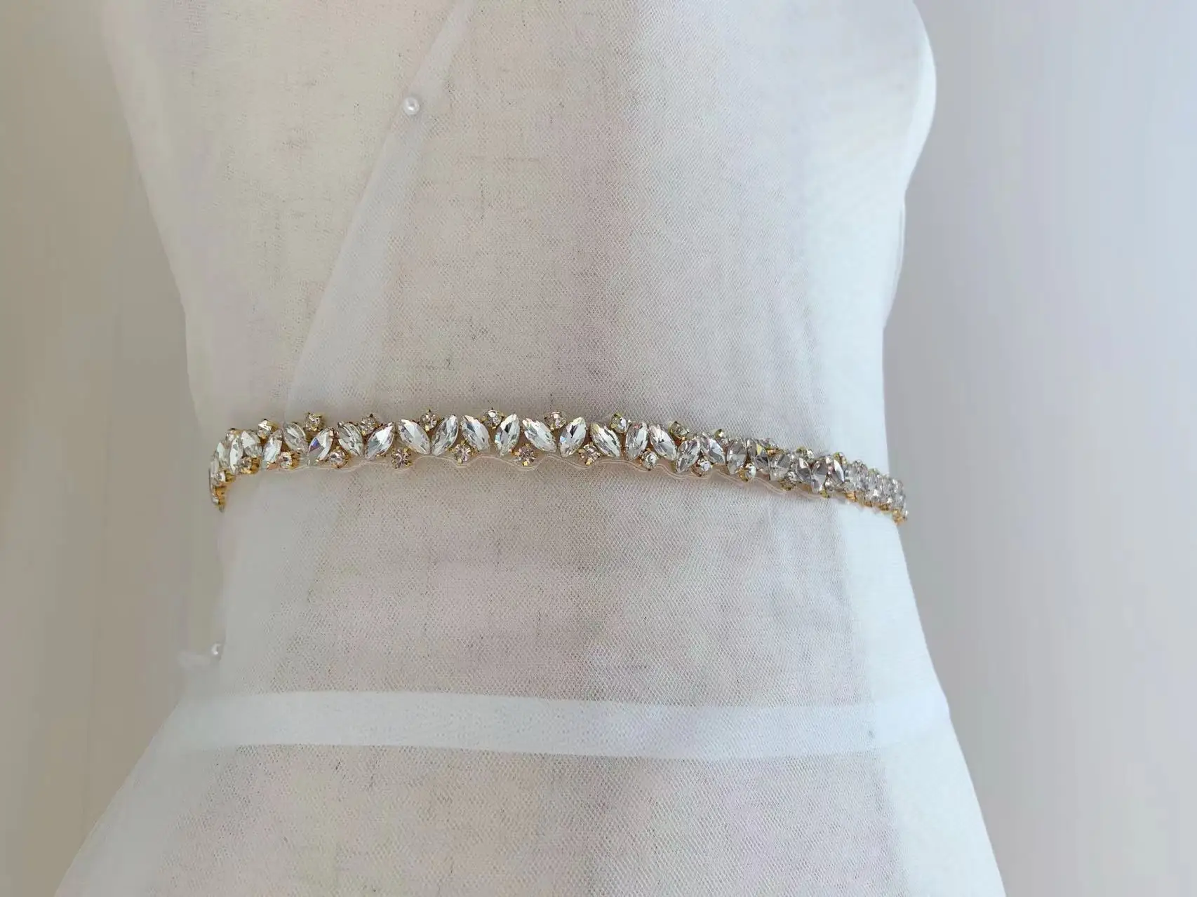 5 Yards Thin Gold Cystal Sash Silver Belt with Deluxe Rhinestone Beads for Bouquet,Bridal Dress Strip