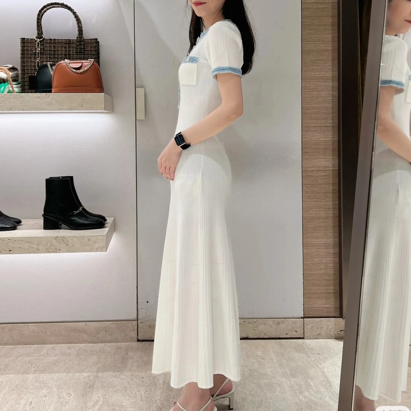

2024 Summer Women Slim Fit Knitted Dress Short Sleeve Single Breasted Grand Festival Party Robe