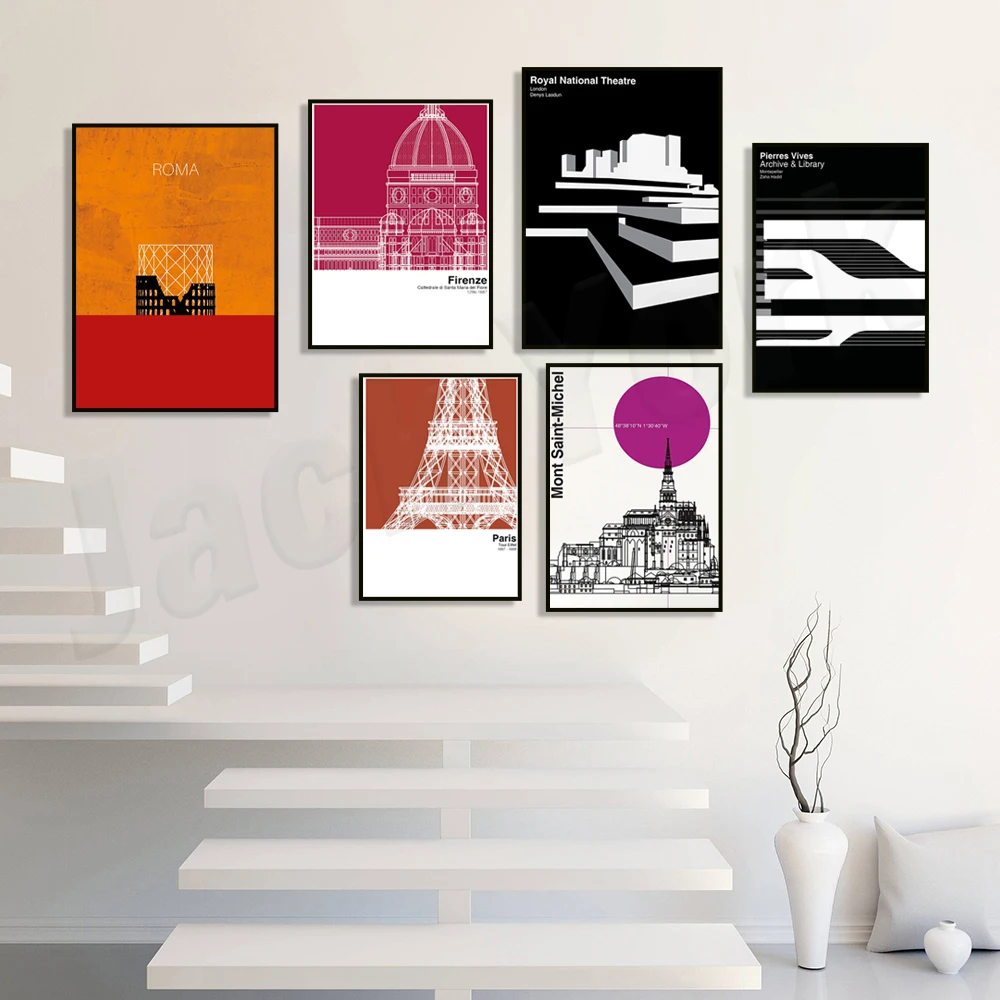 Mont Saint Michel, France, Cologne graphics, Eiffel Tower in Paris, Santa Maria del Fiore Cathedral in Rome, architecture poster