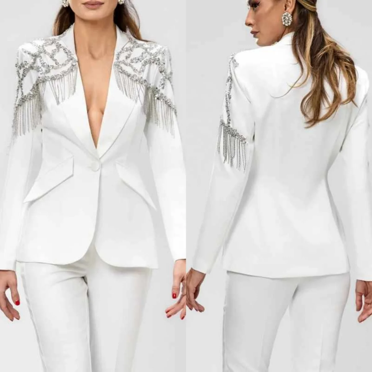 

Luxurious Women Suits 2 Pieces Blazer Pants Peaked Lapel Single Breasted Crystal Tassel Wedding Dinner Banquet Party Customized