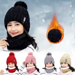 Brand Winter Knitted Scarf Hat Set Thick Warm Skullies Beanies Hats for Women Solid Outdoor Snow Riding Ski Bonnet Caps Girl