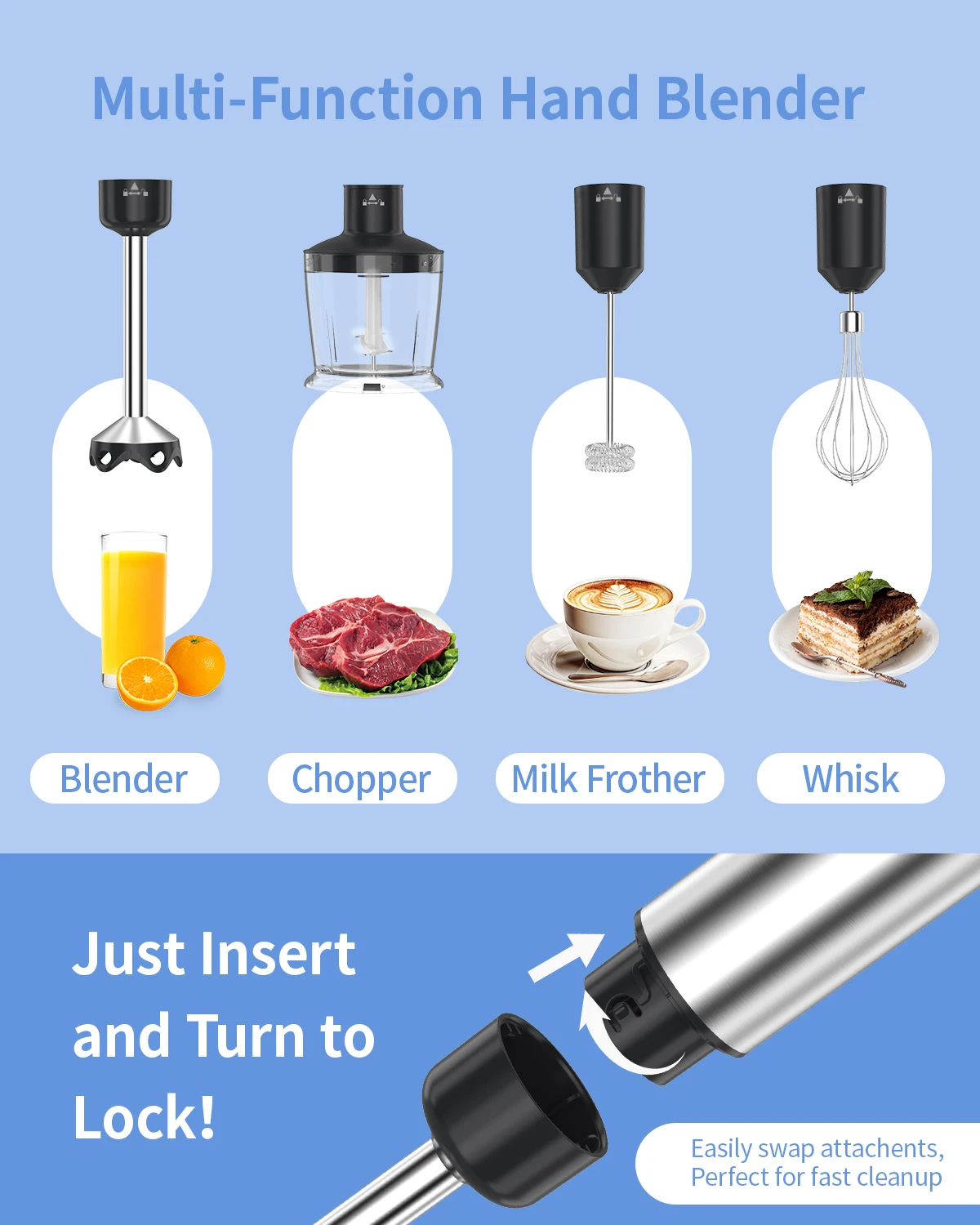 1000 Watt Handheld Electric Immersion Blender, 5 in 1 Kitchen Hand Blender for soups, smoothies, purees and baby food.