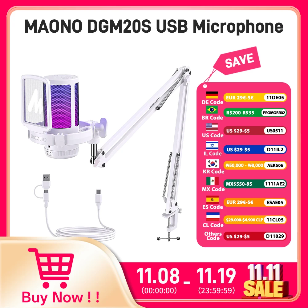 Maono Gamerwave DGM20S USB Microphone Gaming Mic Condenser Mic RGB Mic Noise Canceling Mic with Mic Gain,RGB Light,One key mute