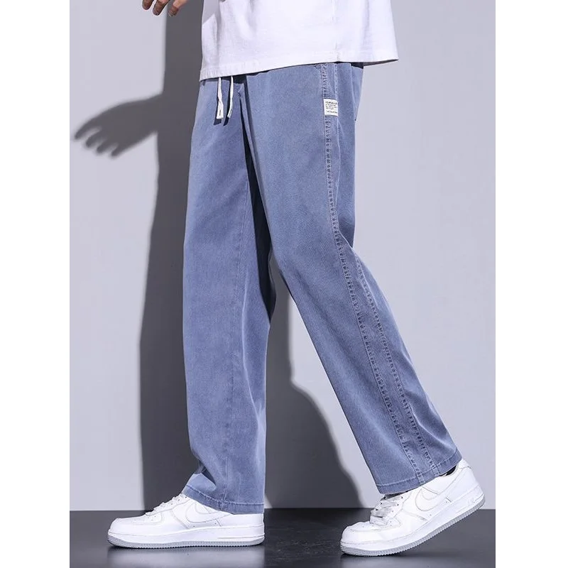 Harajuku High Street Vintage Ice Silk Casual Pants For Men Teens Y2k Elasticated Waist Loose Wide Leg Drag Straight Pants Trend