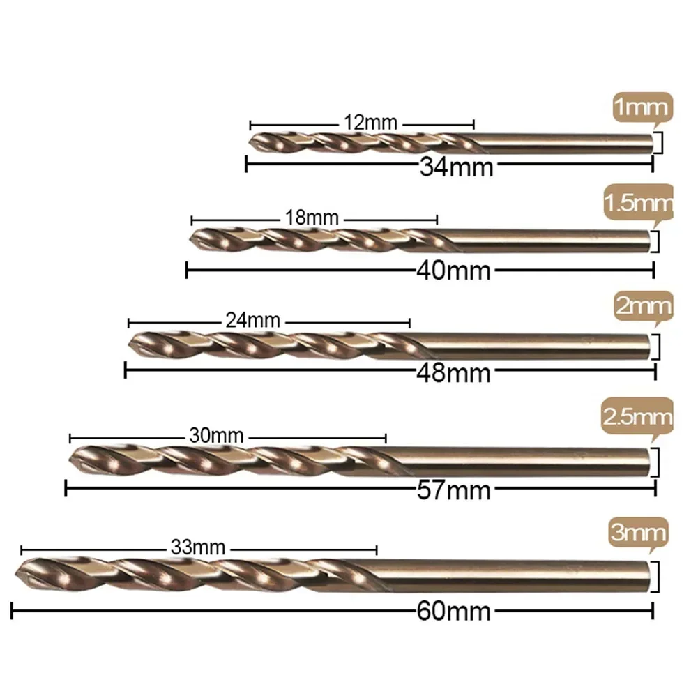 電気多機能鋼ドリル,5個,hss m35,1mm,1.5mm,2mm,2.5mm,3mm,ステンレス鋼,パンチング穴,金属