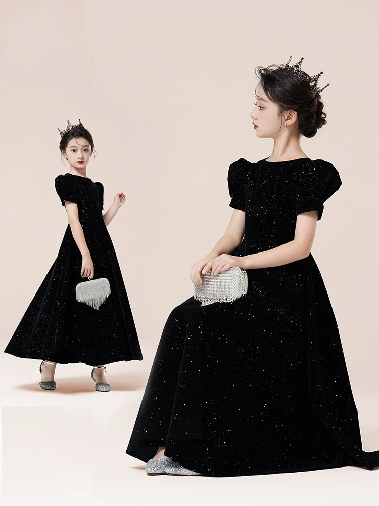 

Black Bridesmaid Dresses Sequin Puff Sleeve Girls Flower Girl Dresses Ball Gown Kids Wedding Party Pageant First Communion Gown