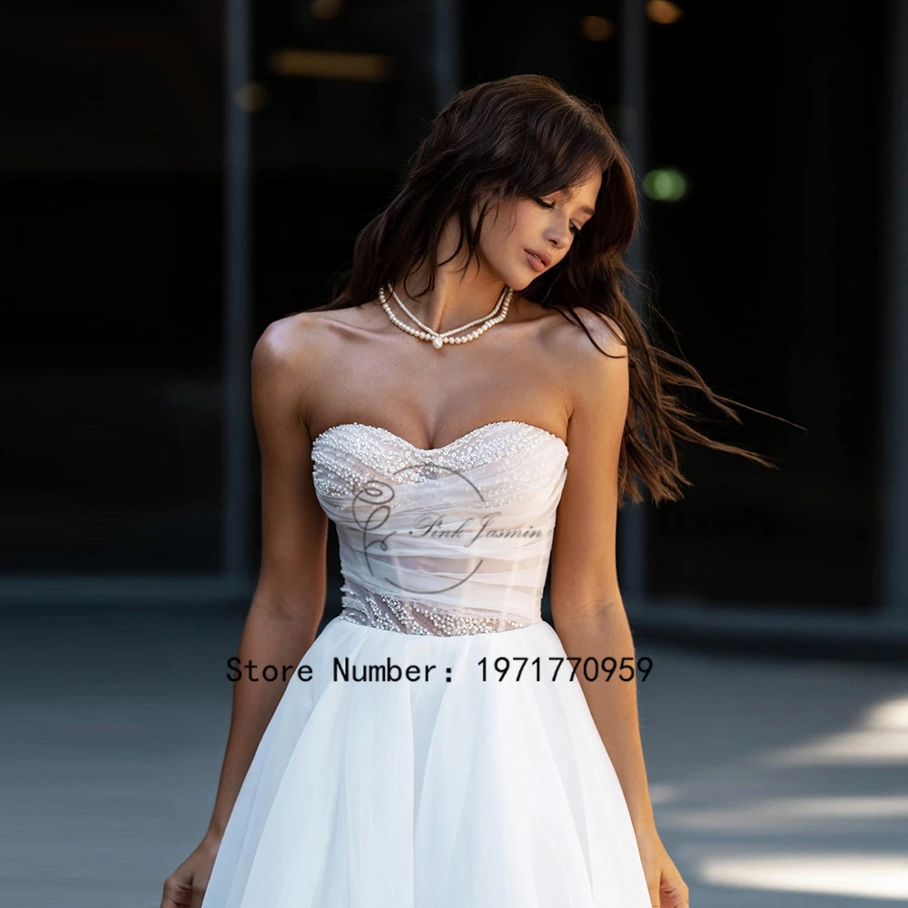 Strapless Wedding Dress For Princess Side Slit Glitter Beading Bridal Gown Zipper Back Sweep Train A Line Vestido De 2024 New