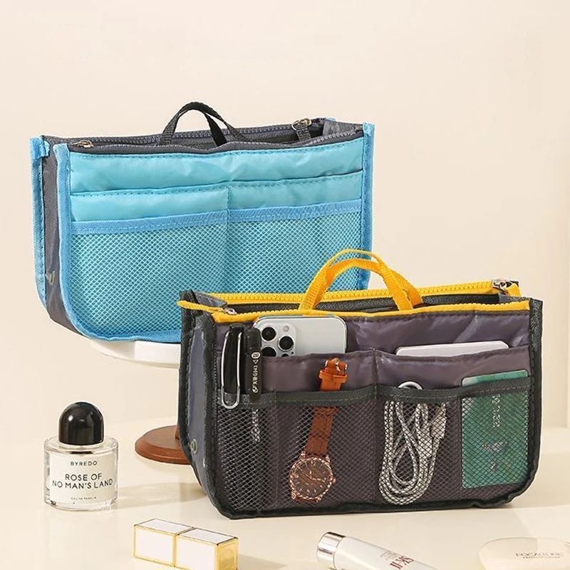 

Travel Cosmetics Bag Organizer Nylon Insert Makeup Handbag Women Makeup Organizer Foldable Storage Bag Large Capacity Liner Tote