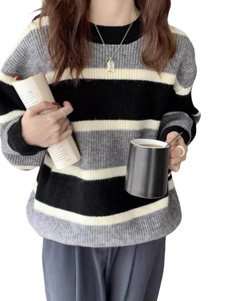 

Women Knit Sweater Long Sleeve Crew Neck Striped Sweater Warm Pullover Sweater for Fall Winter