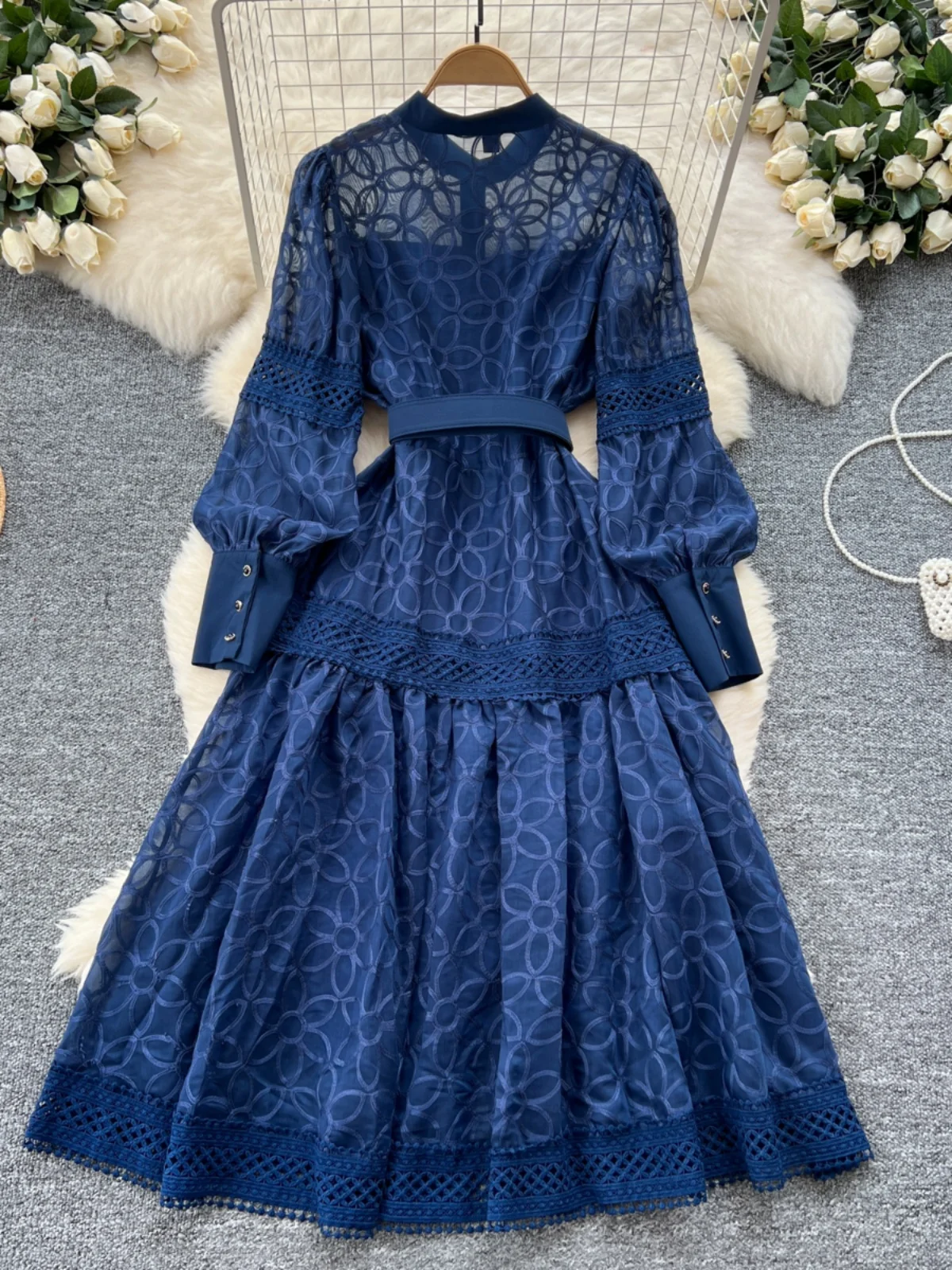 Retro Court Sle Damen Dr Heavy Stickerei Lantern Sve Hohe Taille Single Button Langer Rock Winter Faion Damen Cl...