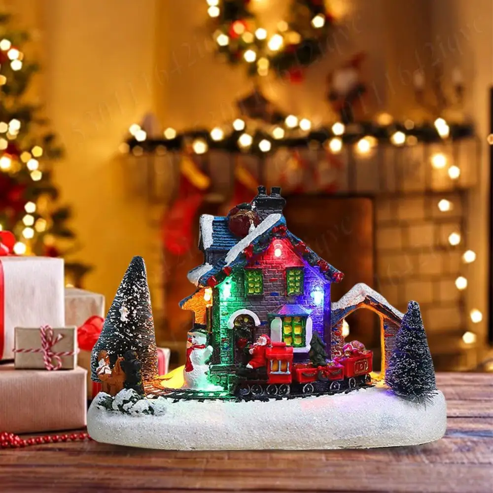 Christmas Resin House Ornaments LED Lighted Christmas Small Train Village Snow House Christmas Desktop Decoration Christmas Gift