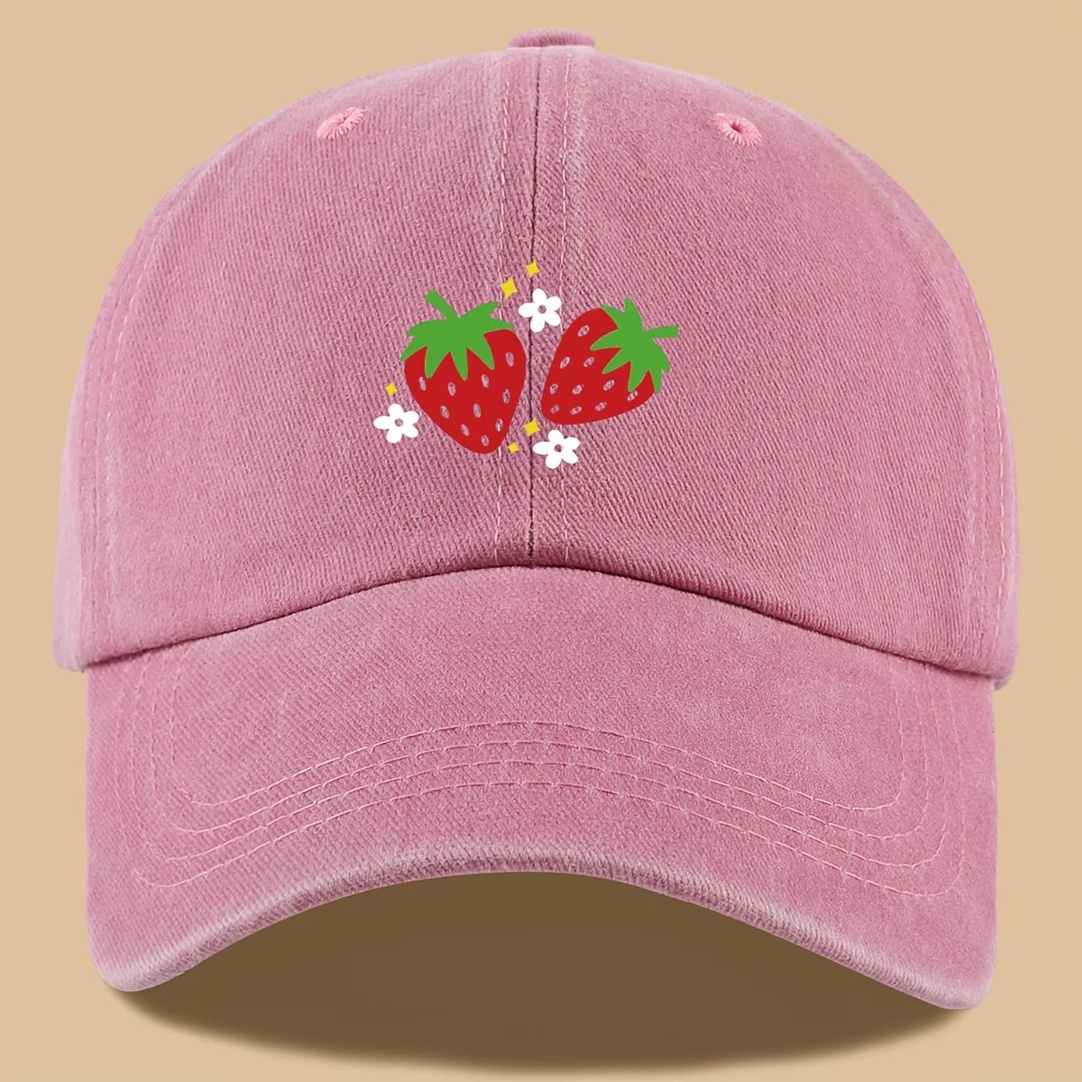 Strawberry Daisy Print Baseball Cap Unisex Adjustable Breathable Polyester Outdoor Leisure Gift Hat
