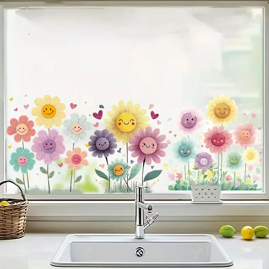 

Cartoon Smiling Rainbow Sunflower Cute Window sticker PVC Non Adhesive Static Adsorption Removable Girls' Room Bathroom Decor