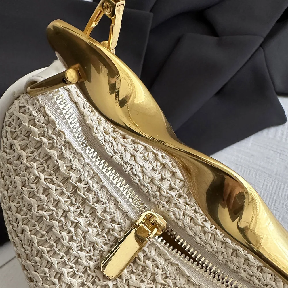 

Women Handwoven Shoulder Bag with Metal Handle Summer Beach Shoulder Bag Zipper Closure Trendy Straw Handbag Commute Bag